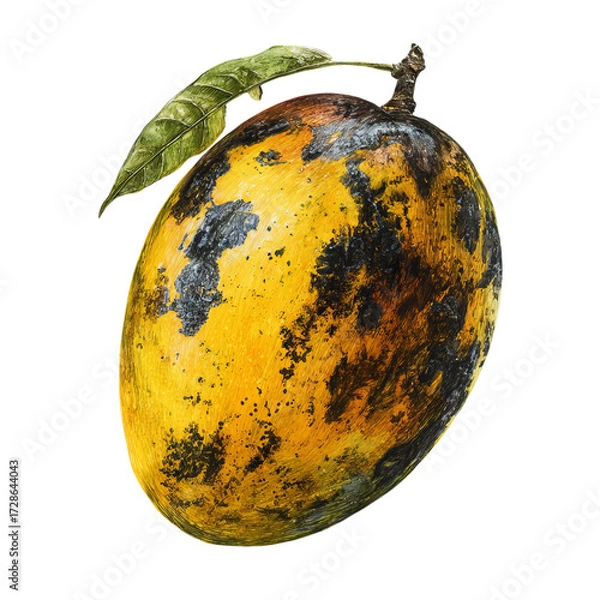 Fototapeta Png of close up of a ripe mango with black spots isolated on transparent background, a tropical fruit with a sweet taste