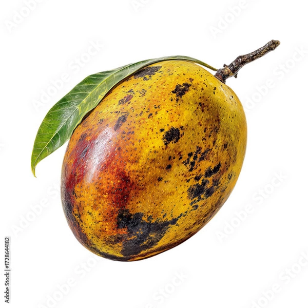 Fototapeta Png of close up of a ripe mango with black spots isolated on transparent background, a tropical fruit with a sweet taste
