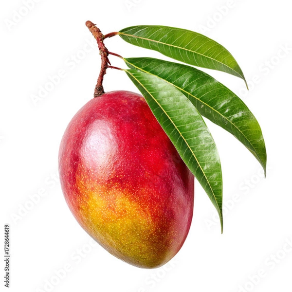 Fototapeta Png of fresh and ripe mango fruit with green leaves isolated on transparent background, a tropical delight for healthy eating