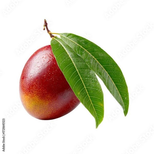 Fototapeta Png of closeup of a ripe mango with green leaves isolated on transparent background, a tropical and delicious fruit