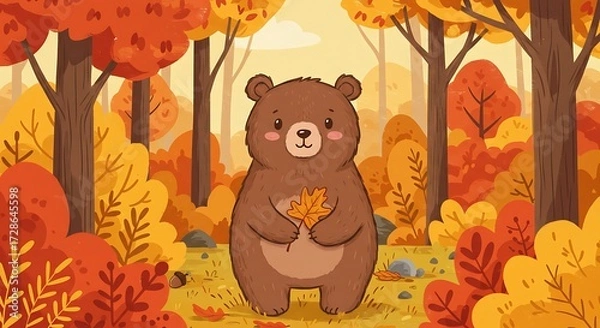 Fototapeta Cute cartoon bear in autumn forest holding leaves illustration
