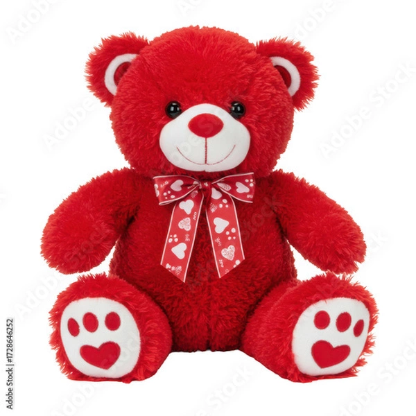 Obraz Red plush teddy bear with heart bow isolated on transparent background