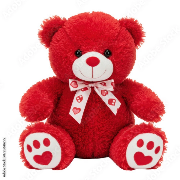Obraz Red plush teddy bear with heart bow isolated on transparent background