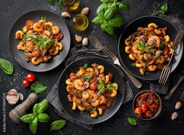 Fototapeta Delicious pasta with savory mushrooms served elegantly on three distinct plates, a gourmet dining experience perfect for culinary blogs and restaurant promotions.