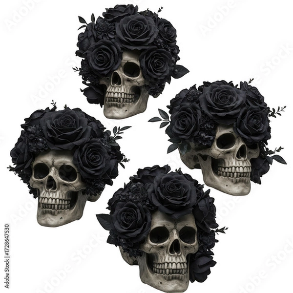 Obraz Four skulls adorned with black roses isolated on transparent background