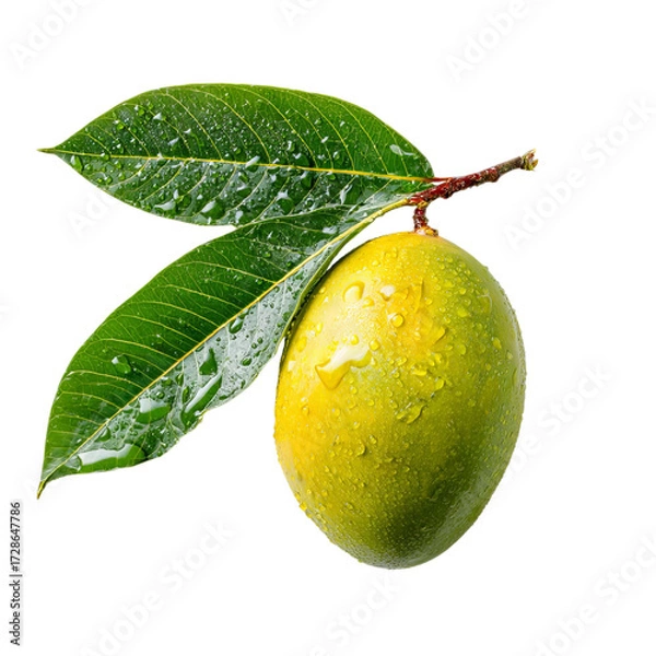 Fototapeta Png of fresh green mango with leaves isolated on transparent background, showcasing its vibrant color and natural texture