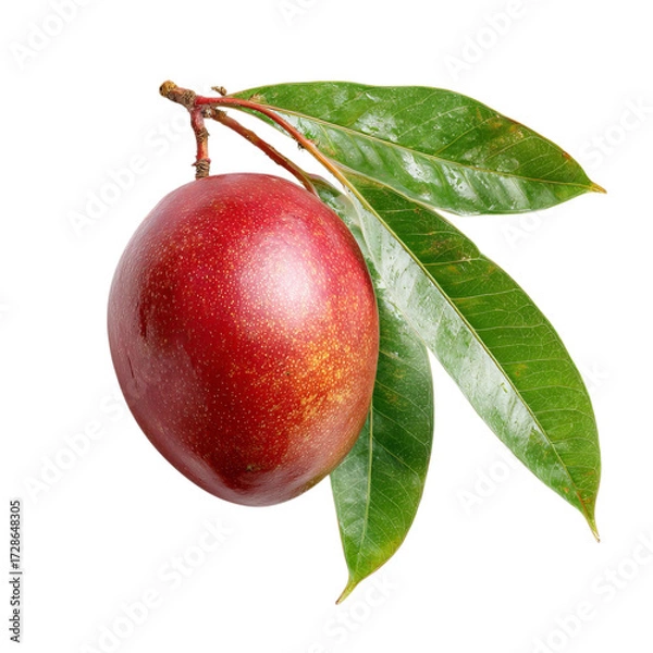 Fototapeta Png of freshly picked red plum with green leaves isolated on transparent background, a vibrant and healthy fruit