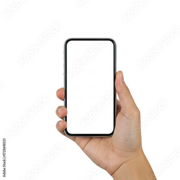 Obraz Hand holding smartphone with blank screen isolated on transparent background