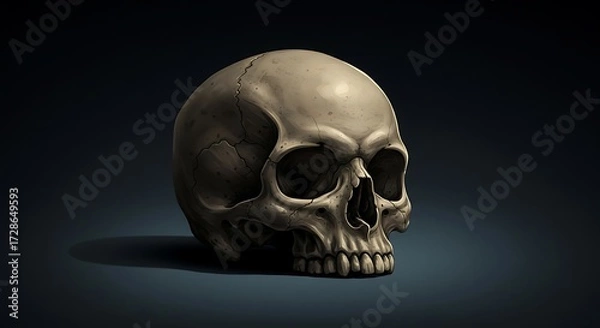 Fototapeta Human skull model on dark background with dramatic lighting