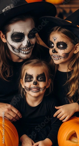 Fototapeta Father and two daughters in Halloween costumes, skull face paint, black attire, seated with pumpkins.  Spooky, family, festive image