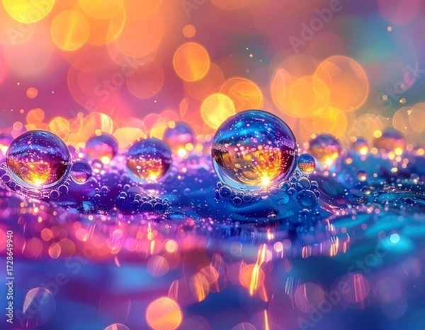 Fototapeta Colorful water droplets reflecting vibrant lights