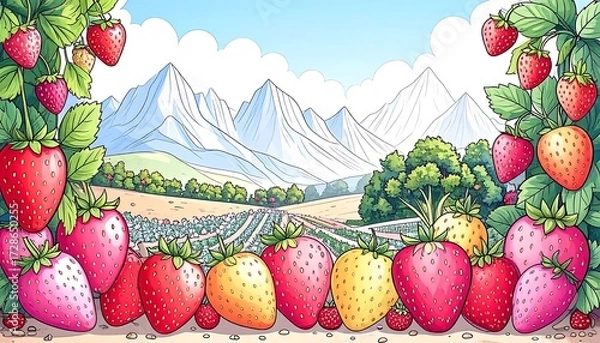 Obraz Vibrant strawberries frame a picturesque mountain valley strawberry farm
