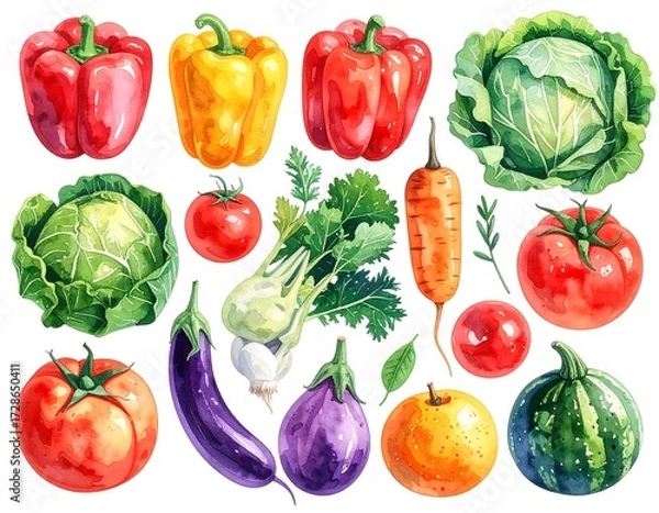 Fototapeta Colorful watercolor illustration of various fresh vegetables