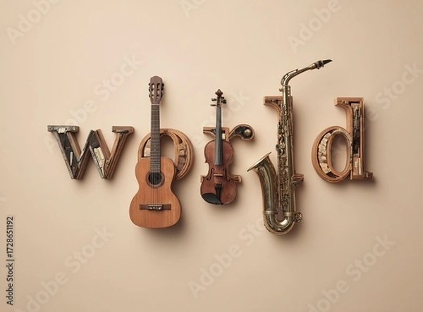 Fototapeta Captivating arrangement of diverse musical instruments on a warm beige backdrop, evoking creativity, passion, and artistic expression for inspiring projects.