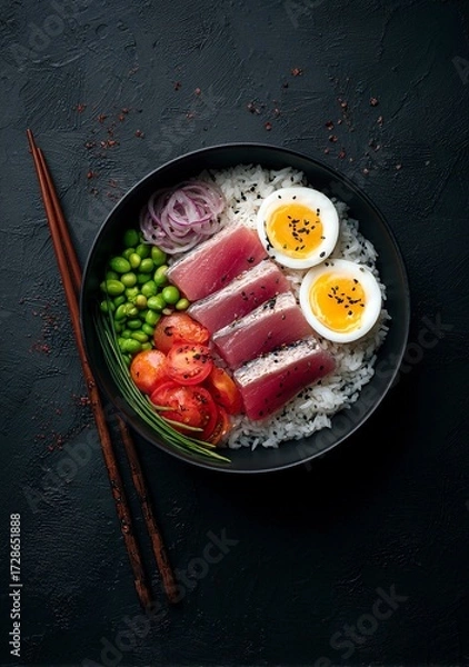 Fototapeta Vibrant Japanese sashimi tuna platter with fresh rice, colorful vegetables, and perfectly cooked eggs, a delicious and healthy meal presentation for culinary inspiration.