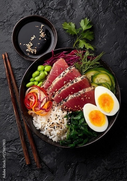 Fototapeta Savory tuna sashimi with vibrant rice, fresh vegetables, and perfectly cooked eggs, a delightful and healthy meal presentation