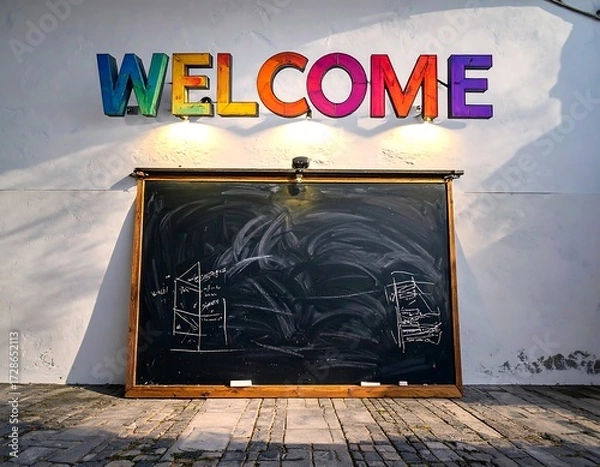 Fototapeta Colorful welcome sign on a wall with a chalkboard