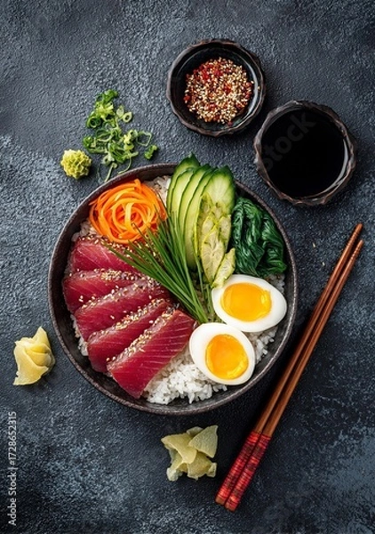 Fototapeta Vibrant tuna sashimi with fresh rice, crisp vegetables, and perfectly cooked eggs, a healthy and delicious meal for discerning appetites, beautifully presented for culinary inspiration.