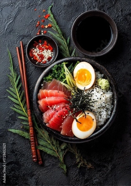 Fototapeta Vibrant tuna sashimi with fresh rice, colorful vegetables, and perfectly cooked eggs, a delicious and healthy meal presentation