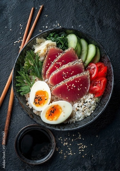 Fototapeta Vibrant tuna sashimi with perfectly cooked rice, fresh vegetables, and a soft boiled egg, artfully arranged for a healthy and delicious meal experience.