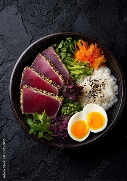 Fototapeta Vibrant tuna sashimi with fresh rice, colorful vegetables, and perfectly cooked eggs, a stunning and healthy meal presentation for culinary blogs and healthy eating promotions.