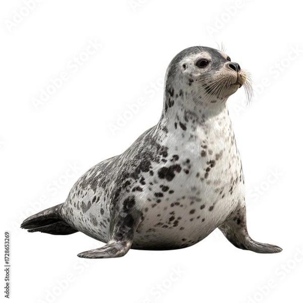 Fototapeta Png of spotted seal pup sitting upright isolated on transparent background, looking alert and curious, ready to play