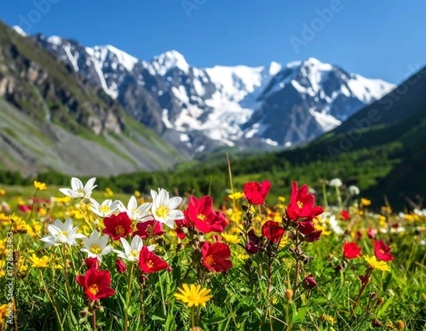 Fototapeta Colorful wildflowers bloom in a valley, snow-capped mountains in the background