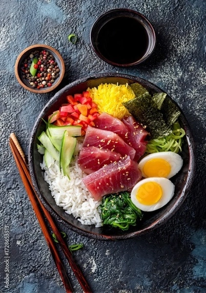 Fototapeta Vibrant tuna sashimi with fresh rice, colorful vegetables, and perfectly cooked eggs, showcasing a healthy and delicious meal presentation for culinary inspiration.