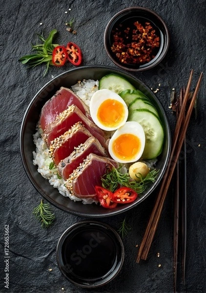 Fototapeta Vibrant tuna sashimi with fresh rice, crisp vegetables, and perfectly cooked eggs creates a visually stunning and delicious meal experience for healthy eating inspiration.