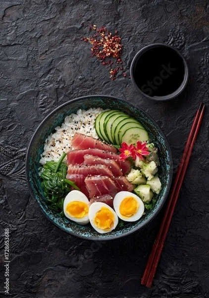 Fototapeta Vibrant sashimi tuna with fresh rice, colorful vegetables, and perfectly cooked eggs, a healthy and delicious meal presentation ideal for culinary blogs and restaurant promotions.