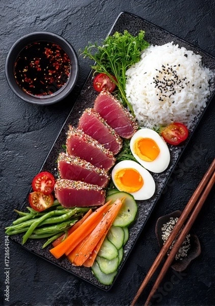 Fototapeta Vibrant sashimi tuna with fluffy rice, fresh vegetables, and perfectly cooked eggs offers a delicious and healthy meal experience, ideal for culinary inspiration and lifestyle content.