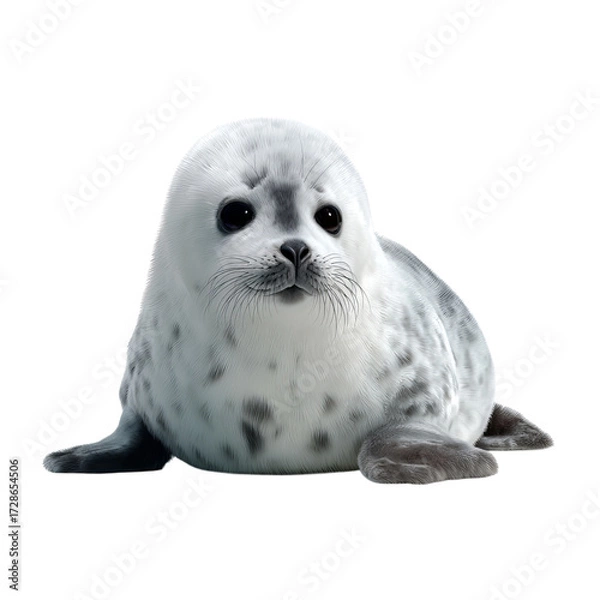 Fototapeta Png of adorable baby harp seal pup looking at the camera isolated on transparent background, a cute and cuddly animal