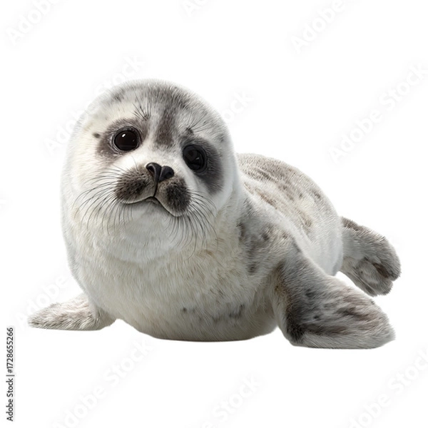 Fototapeta Png of adorable baby harp seal pup lying down isolated on transparent background, looking at the camera with big eyes