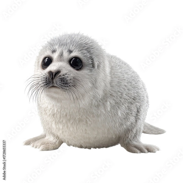 Fototapeta Png of cute baby harp seal pup isolated on transparent background, looking at the camera with its big, black eyes