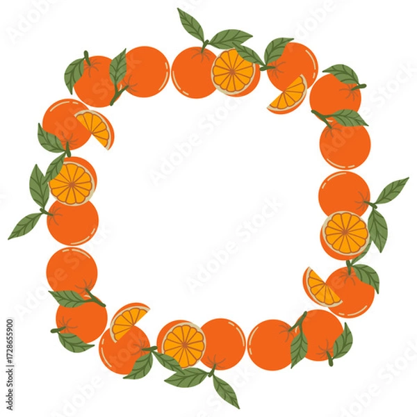 Fototapeta Oranges in a round frame. A circular frame of hand drawn citrus fruits. Arranged in a circle, perfect for stickers, banners, cards, and advertising. Flat vector illustration on a white background.