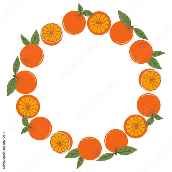 Fototapeta Oranges in a round frame. A circular frame of hand drawn citrus fruits. Arranged in a circle, perfect for stickers, banners, cards, and advertising. Flat vector illustration on a white background.