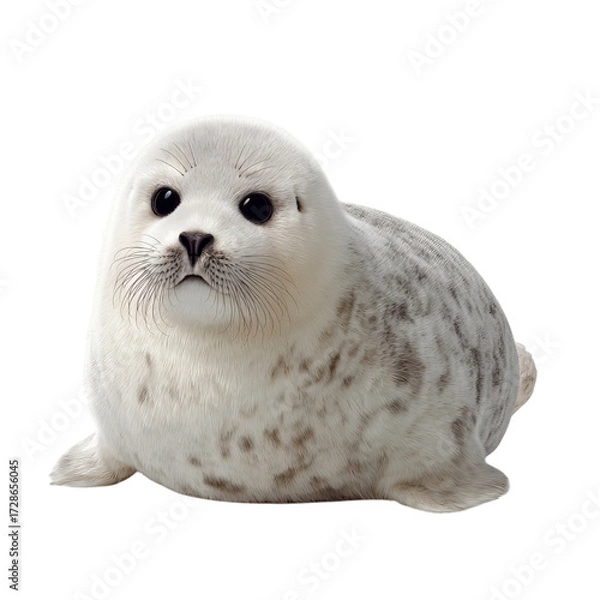 Fototapeta Png of cute baby harp seal pup lying down and looking at the camera isolated on transparent background adorable animal