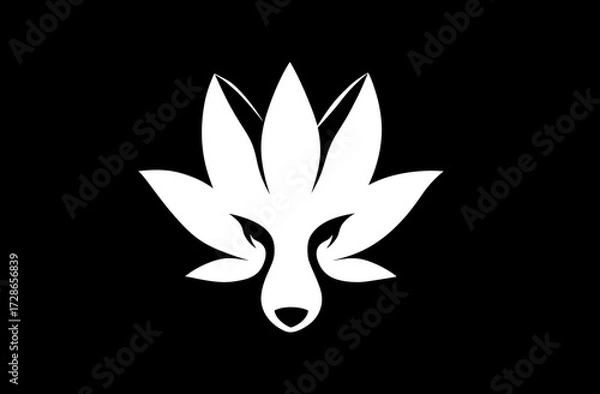 Fototapeta White abstract stylized fox face surrounded by petals, on a black background