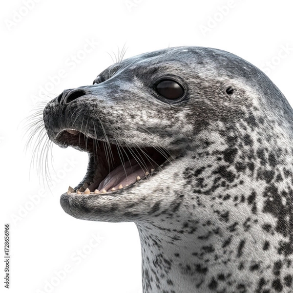 Fototapeta Png of a harbor seal with its mouth open, isolated on transparent background the seal has a spotted coat and whiskers