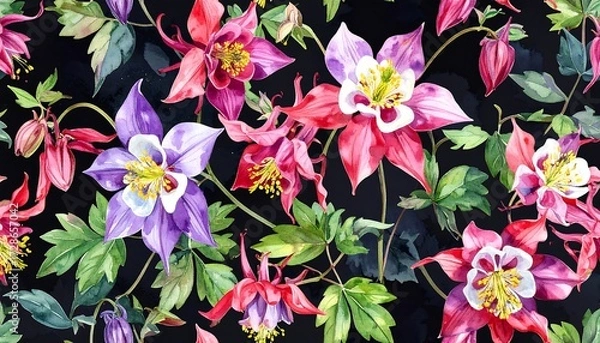 Obraz Watercolor floral pattern featuring vibrant columbine flowers in shades of red, purple, and white, on a dark background