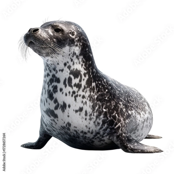 Fototapeta Png of a harbor seal sitting up, isolated on transparent background the seal has a spotted coat and is looking up
