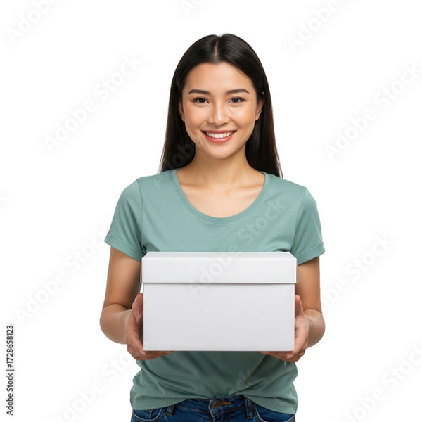 Obraz Smiling woman holding a blank white box isolated on transparent background