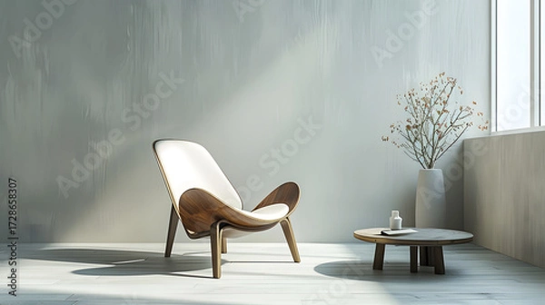 Fototapeta elegant designer chair and coffee table in minimal studio background, clean product photography style, cinematic 16:9