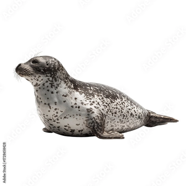Fototapeta Png of spotted seal lying down isolated on transparent background, adorable animal with big eyes looking to the left