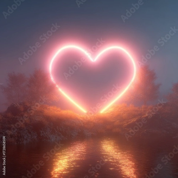 Fototapeta A neon heart shines brightly in a mystical landscape. The soft glow illuminates a foggy, serene scene with reflective water.