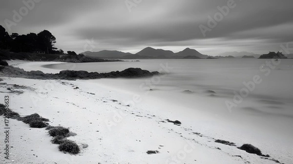 Fototapeta Serene Seascape, Monochrome Beach with Mountain View