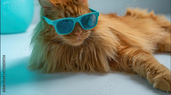 Fototapeta  Playful ginger cat wearing sunglasses, showcasing detailed fur under soft directional lighting. wildlife magazines, conservation campaigns, designed for nature documentaries and education.