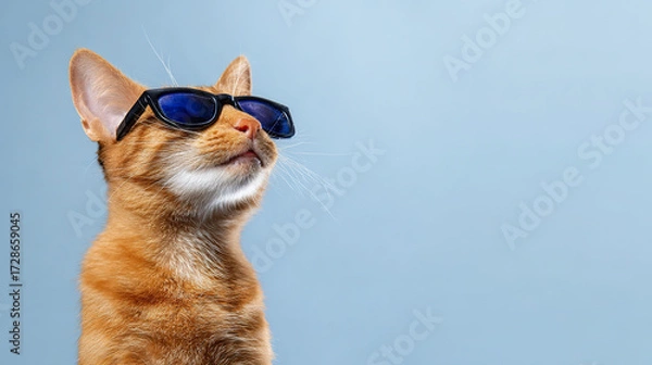 Fototapeta  Playful ginger cat wearing sunglasses, showcasing detailed fur under soft directional lighting. wildlife magazines, conservation campaigns, designed for nature documentaries and education.