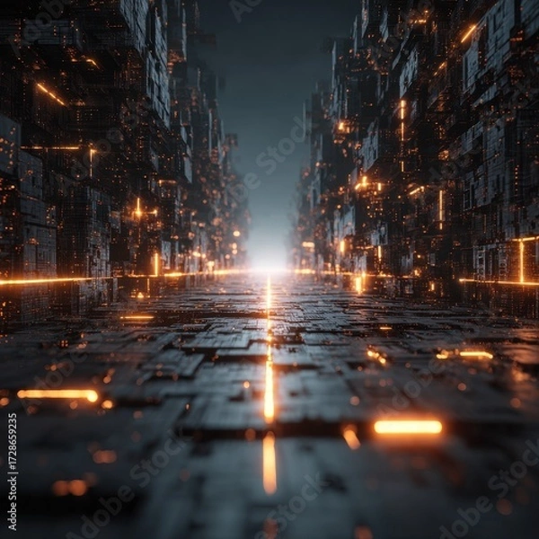 Fototapeta Cyberpunk alleyway with glowing lights and futuristic architecture, creating a dense, atmospheric scene of urban technology.