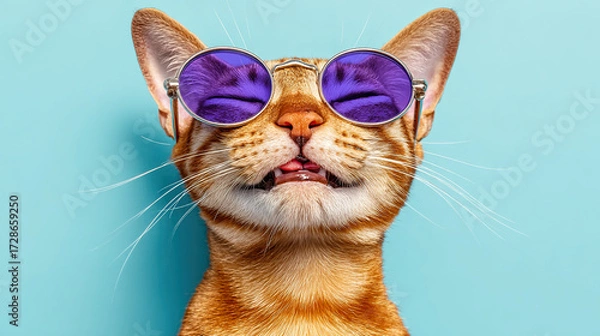 Fototapeta  Playful ginger cat wearing sunglasses, showcasing detailed fur under soft directional lighting. wildlife magazines, conservation campaigns, designed for nature documentaries and education.